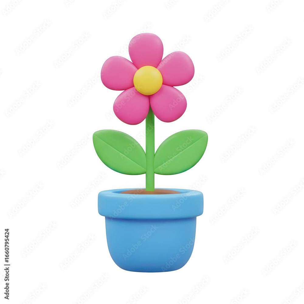 Naklejka premium 3d pink flower in a blue flowerpot on transparent background