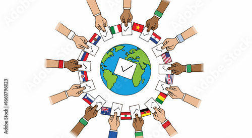 Global voting participation diverse hands cast ballots around planet earth