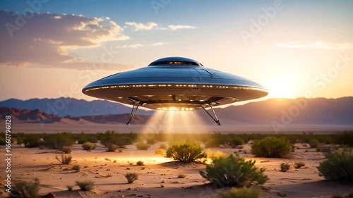 Wallpaper Mural Mysterious Flying Saucer Hovering Over the Desert Landscape at Sunset, an Alien Arrival Torontodigital.ca