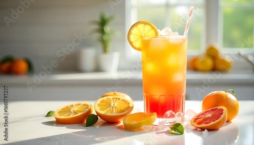 Refreshing tequila sunrise cocktail sitting on a bright counter with fresh citrus fruits in a sunny kitchen.