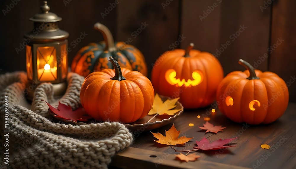Fototapeta premium Cozy Halloween still life presents carved pumpkins, autumn leaves, and a glowing lantern on a rustic wooden surface.