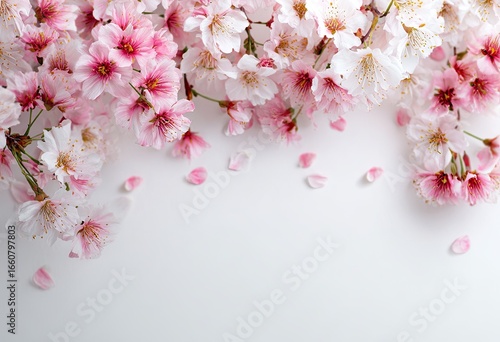Delicate cherry blossoms in soft pinks and whites, arranged artfully on a white background, with petals scattered around the edge