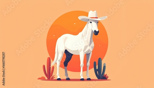 Wallpaper Mural Illustration of a white horse wea a cowboy hat standing in a desert landscape with orange sunset background and cacti in a cartoon style Torontodigital.ca