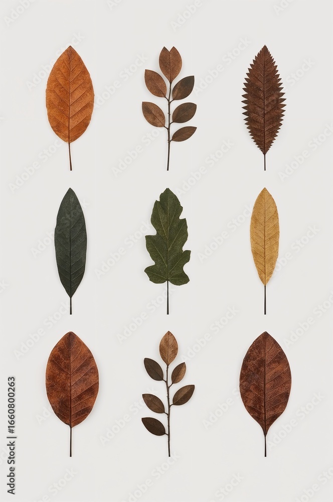 Obraz premium A grid of nine different autumn leaves in varying shades of brown, green, and yellow, arranged on a light background.