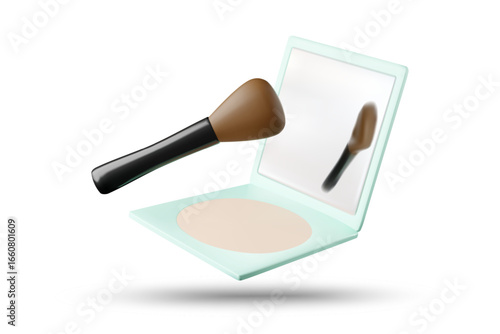A simple, minimalist, and elegant 3D vector illustration of a cosmetic case with a compact, mirror, and blush brush placed side by side on a white background.