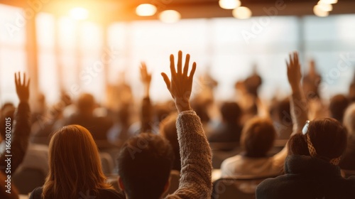 Audience raising hands in a meeting