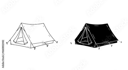 Camping tent illustration in two styles side by side, left side thin line outline minimal line art, right side solid black silhouette, monochrome, no color, isolated on white background, clean vector 