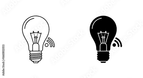 Single vector icon of a smart light bulb | Includes a thin line art version next to a matching silhouette version Minimal, clean, monochrome, isolated on white background, flat vector style