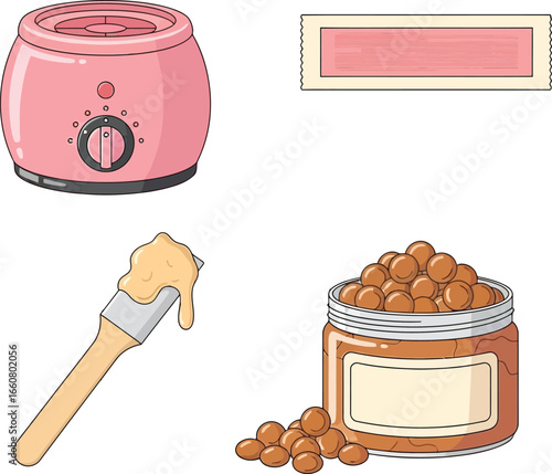 Pink wax warmer, strip, applicator, and jar of sugaring wax for hair removal.