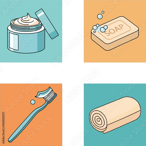 Simple illustrations of toiletries: cream jar, soap bar, toothbrush, and rolled towel.