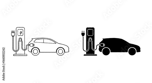 Single vector icon of an electric car charging station | Includes a thin line art version next to a matching silhouette version Minimal, clean, monochrome, isolated on white background, flat vector