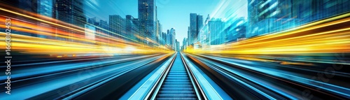 Dynamic futuristic cityscape with vibrant light trails of moving vehicles sleek skyscrapers and neon reflections at night showcasing modern urban transportation