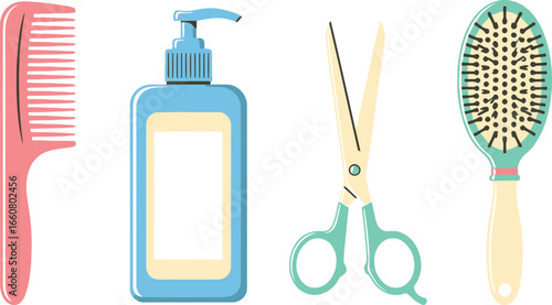 Stylized illustration of beauty and hair care tools, including comb, shampoo, scissors, and brush.