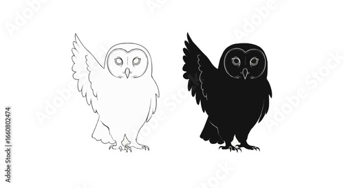 Owl illustration in two styles side by side, left side thin line outline minimal line art, right side solid black silhouette, monochrome, no color, isolated on white background, clean vector style
