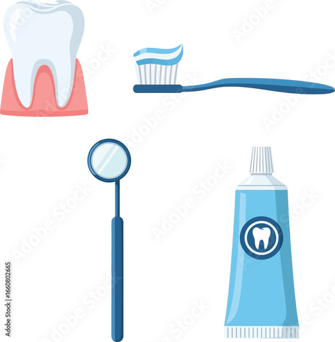 Illustration of dental hygiene tools, including a tooth, toothbrush, mirror, and toothpaste.