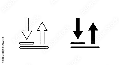 Single vector icon of a download or upload symbol |  Includes a thin line art version next to a matching silhouette version Minimal, clean, monochrome, isolated on white background, flat vector style
