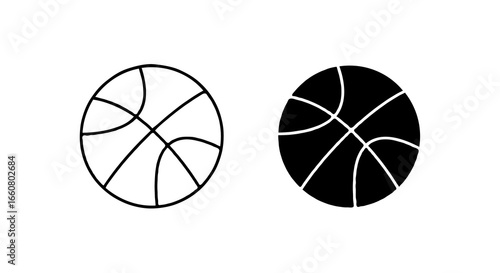 Single vector icon of a basketball | Includes a thin line art version next to a matching silhouette version. Minimal, clean, monochrome, isolated on white background, flat vector style
