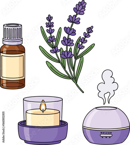 Illustration of aromatherapy elements: lavender, essential oil bottle, candle, and diffuser with smoke.