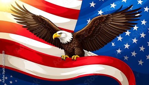 American bald eagle soaring over the flag