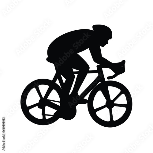 Black silhouette of a cyclist riding a bicycle against a white background