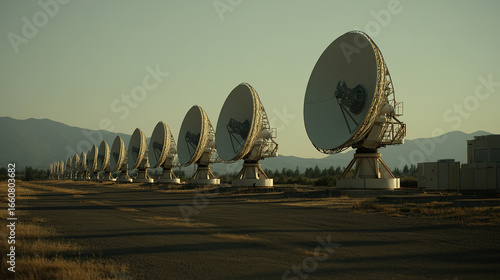 Expansive view of a linear array of white radio telescope dishes in an arid landscape during golden hour