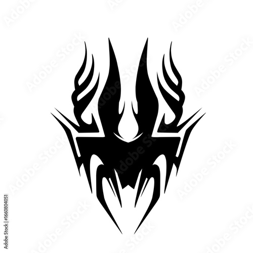Abstract tribal design featuring sharp, elongated shapes and flowing elements against a white background