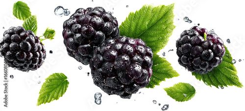 Fresh blackberries with leaves and water droplets