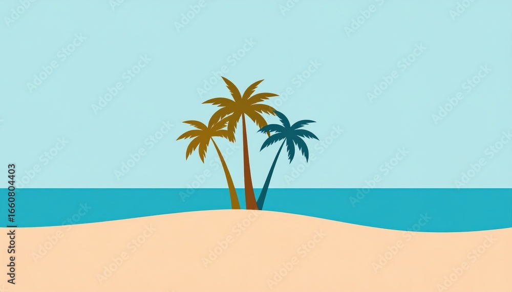 Obraz premium Minimalist Illustration of a Tropical Beach Scene with Three Palm Trees and Calm Ocean Water Under a Clear Sky in a Simple Style