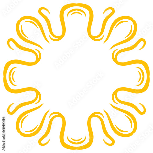 Abstract design featuring flowing yellow lines creating a sunburst effect on a white background