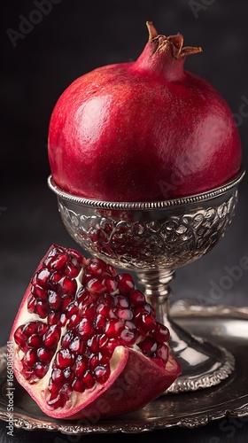 Pomegranate Fruit in silver bowl, with a slice showing bright red seeds