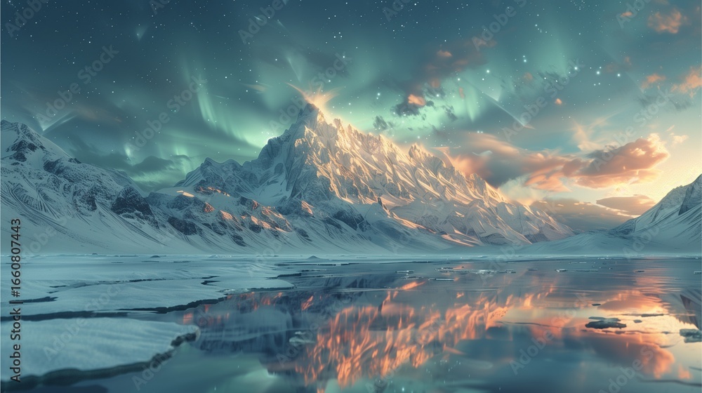 Naklejka premium majestic snow-capped mountain reflecting in a serene lake beneath the aurora borealis, creating a breathtaking scene of natural beauty