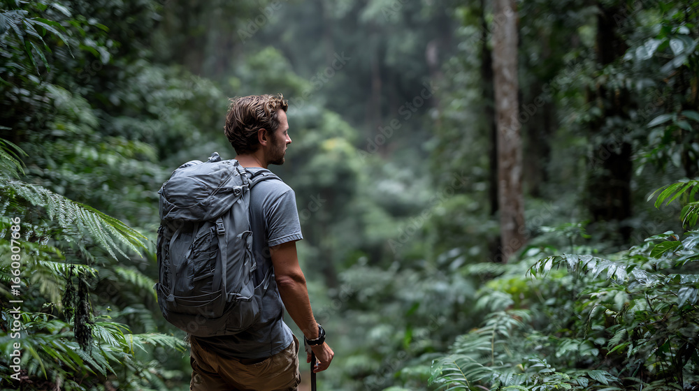 Obraz premium A lone backpacker walks a path through a vibrant, lush jungle, immersed in nature's tranquility.