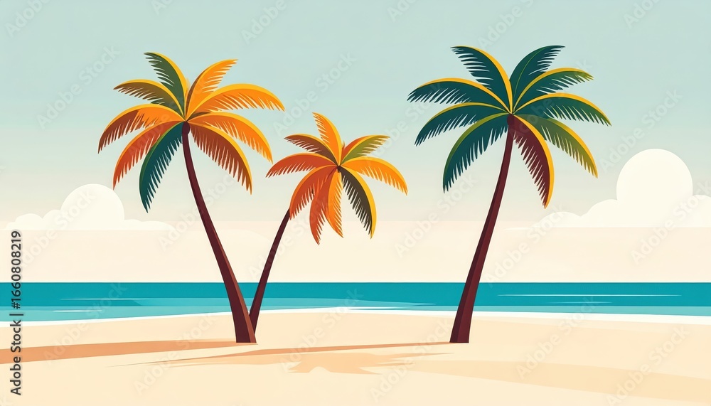 Obraz premium Scenic tropical beach with three colorful palm trees overlooking calm ocean water and sky with soft clouds, perfect for summer vacation or beach landscape themes