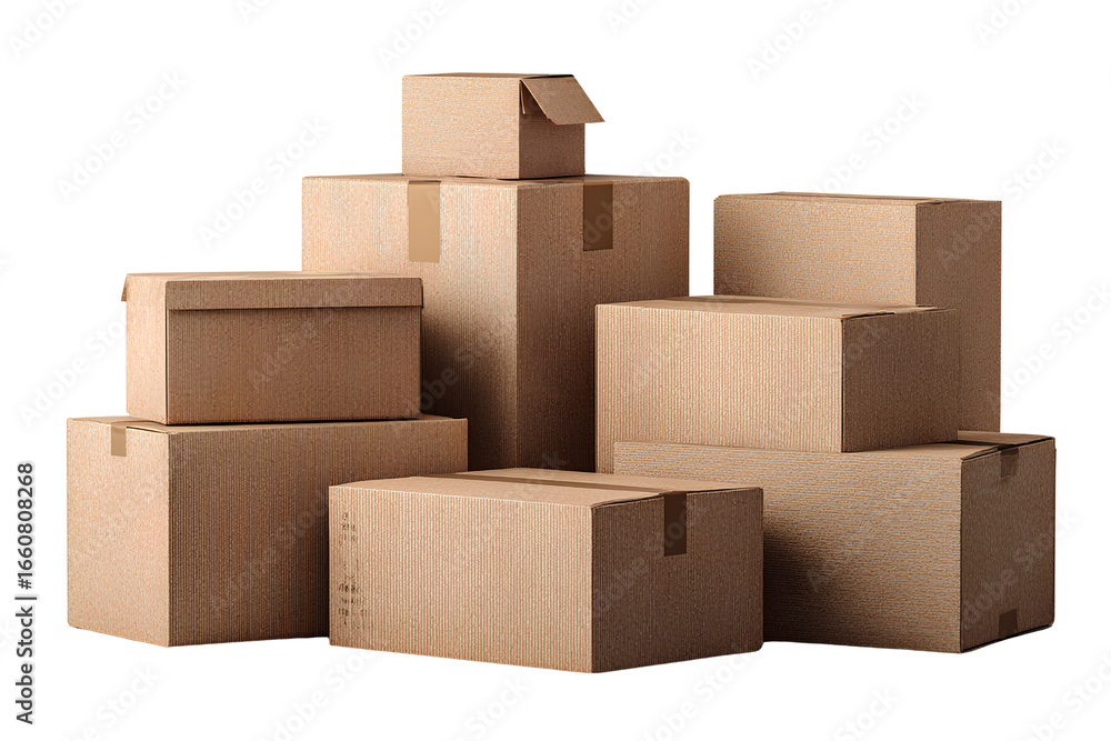 Fototapeta premium Flat-Lay Top View of Multiple Cardboard Boxes in Assorted Sizes, Packaging Design Mockup, Isolated on Transparent Background