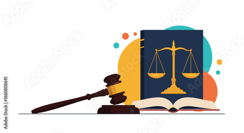 Illustration of legal concepts including a gavel scales of justice and an open book signifying jurisprudence and fair trials