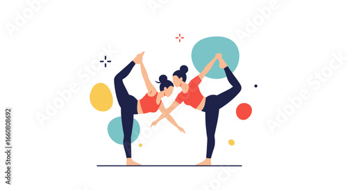 Two women performing a harmonious partner yoga pose demonstrating balance strength and flexibility together