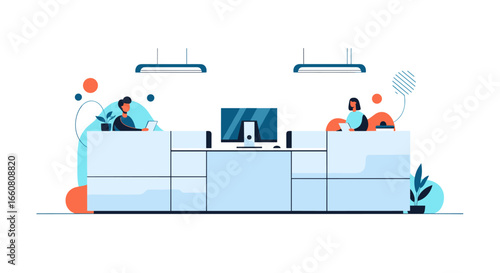 Modern office interior design with two employees working at desks featuring computers and contemporary decor elements