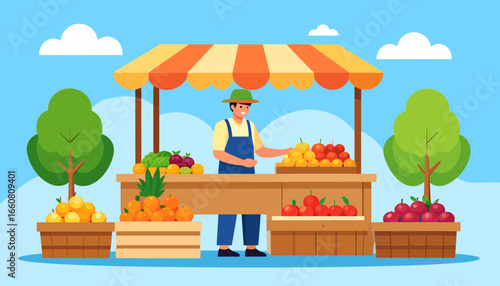 Farmer selling fresh fruits and vegetables at a colorful market stall.
