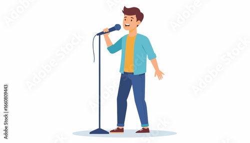 Young man singing into a microphone on a stand.