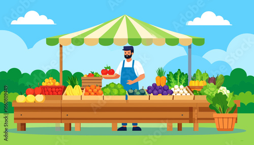 Farmer selling fresh produce at an outdoor market stall.