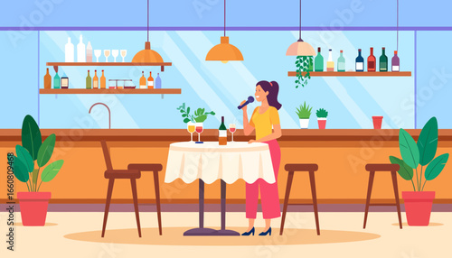 Woman enjoying a drink alone at a cozy bar with stools and potted plants.