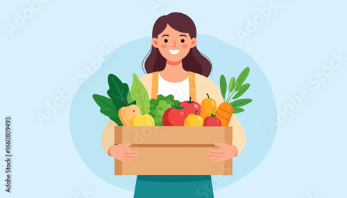 Woman holding a wooden crate full of fresh fruits and vegetables.