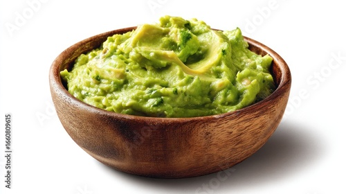 Creamy guacamole in wooden bowl