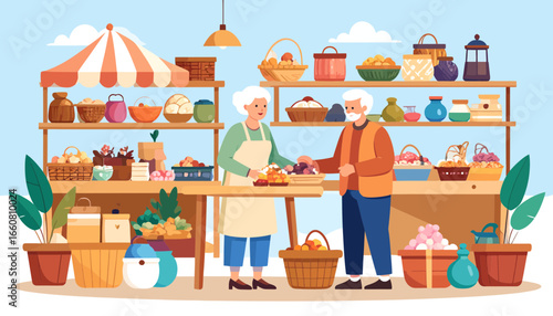 Happy senior couple selling fresh produce and crafts at a local market stall. Flat vector illustration.