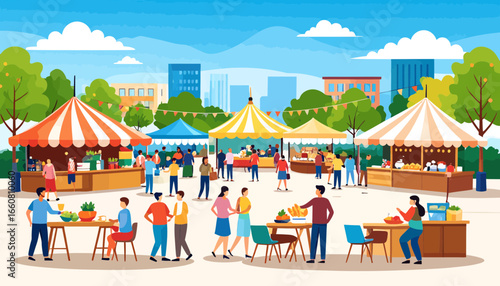 Vibrant Outdoor Market Festival Scene with People, Stalls, and City Background