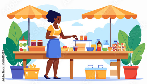 Smiling African American Woman Selling Products at Outdoor Market Stall Under Umbrellas