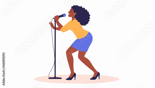 Dynamic African American Woman Singing into Microphone on Stand - Flat Vector Illustration
