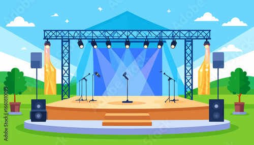 Vibrant Outdoor Concert Stage with Spotlights, Microphones, and Speakers for Music Event.