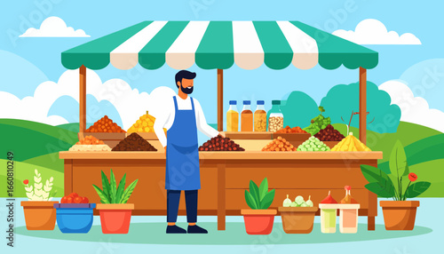 Man Selling Spices & Herbs at Outdoor Market Stall. Fresh Organic Produce & Traditional Goods. Flat Vector Illustration.