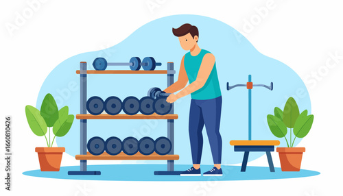 Man picking up dumbbells from gym rack. Fitness, strength training, and workout session vector illustration.
